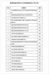 近日，金融监管总局发布的《 2025年规章制定工作计划》显示，2025年度计划修订规章11部，制定规章9部。其中包括修订《国家金融监督管理